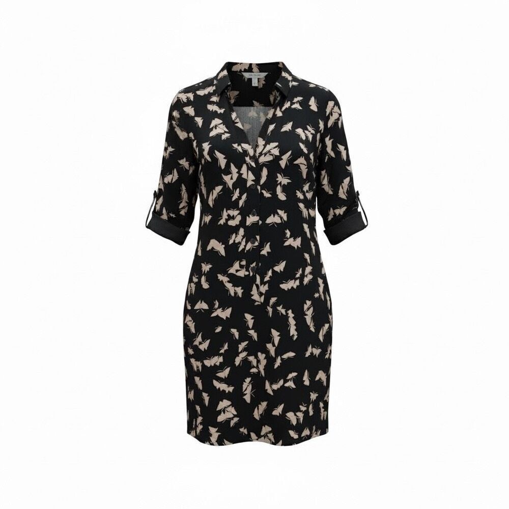 Tucker Butterfly Button Front Silk Blend 3/4 Sleeve Tunic Shirt Dress Navy Small
